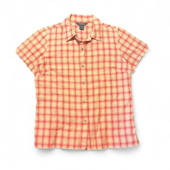 Vintage 80’s Woolrich Women’s Button Up Short Sleeve Yellow Plaid Sz Small - Picture 1 of 5